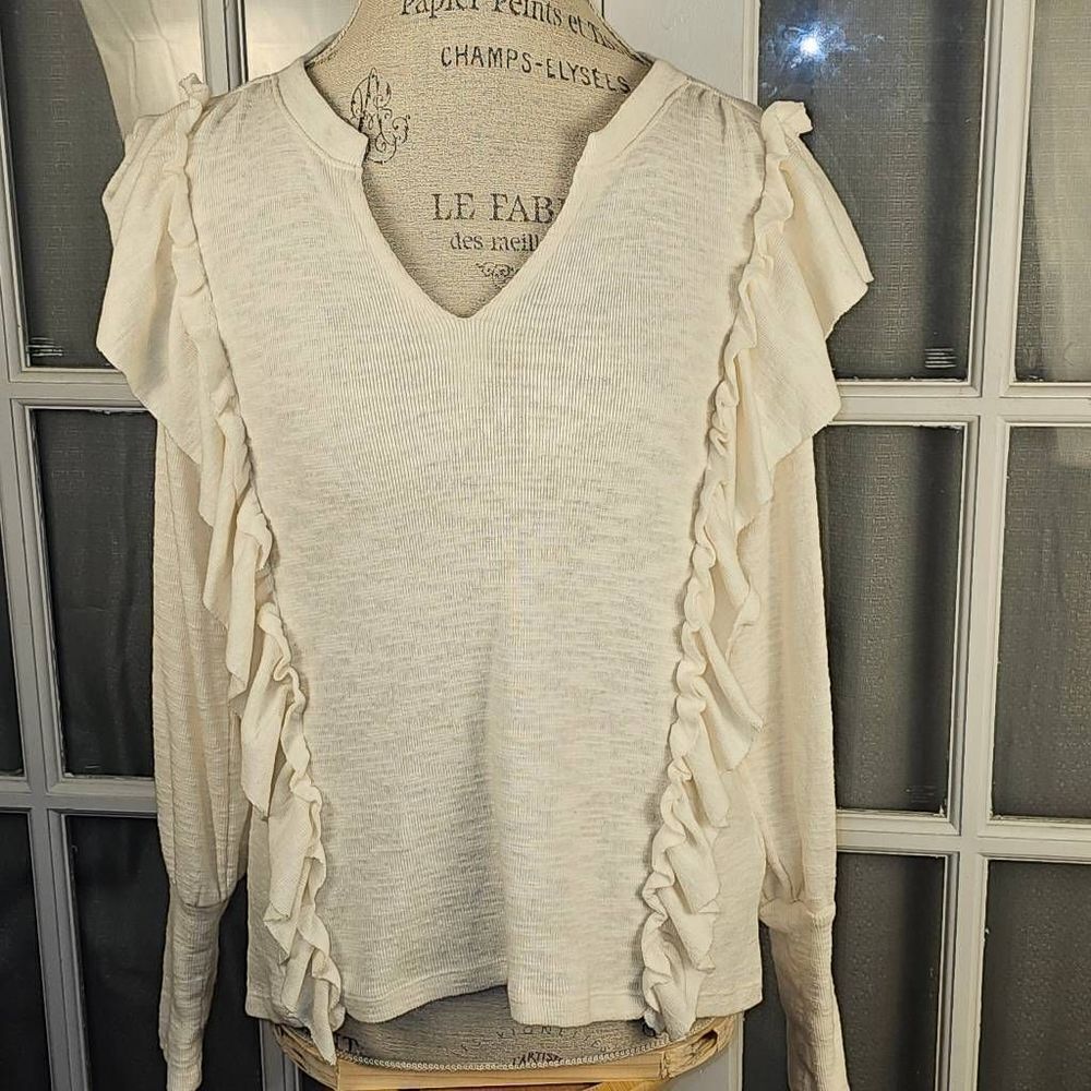 Pilcro Anthropologie Womens Cream Cozy Popover Ruffle V Neck Sweater Top XS